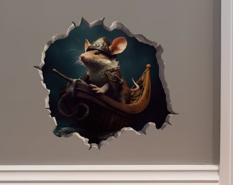 Souris viking dans le décalque de trou de souris - autocollant mural 3D de trou de souris