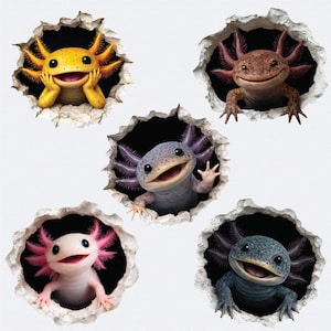 May include: Five colorful axolotls emerge from holes in a white surface. The axolotls are yellow, brown, blue, pink, and gray, each with unique frilly gills and smiling faces. The image has a 3D effect, creating a playful and whimsical scene.