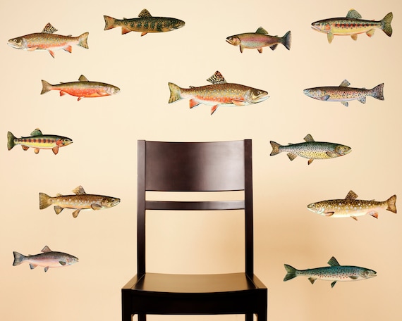 Trout Wall Decals - Set of 13 Fish Stickers - Great Gift for Fisherman / Angler / Trout Fishing