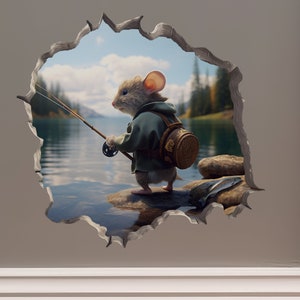 May include: A small mouse wearing a green jacket and a brown backpack is fishing in a lake. The mouse is standing on a rock and holding a fishing rod. The lake is surrounded by trees and mountains.