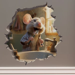 Mouse Brushing its Teeth Mouse in Mouse Hole Decal - Mouse Hole 3D Wall Sticker