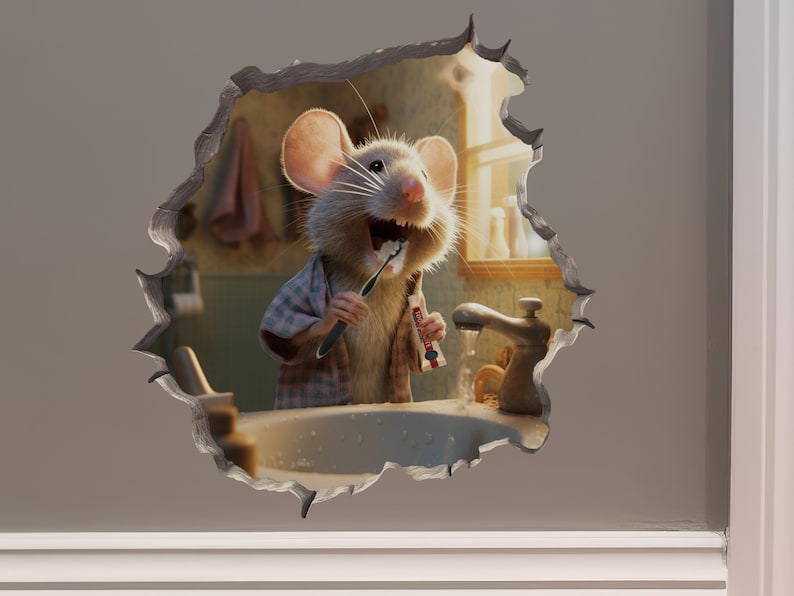 Mouse Brushing its Teeth Mouse in Mouse Hole Decal Mouse Hole 3D Wall Sticker image 1