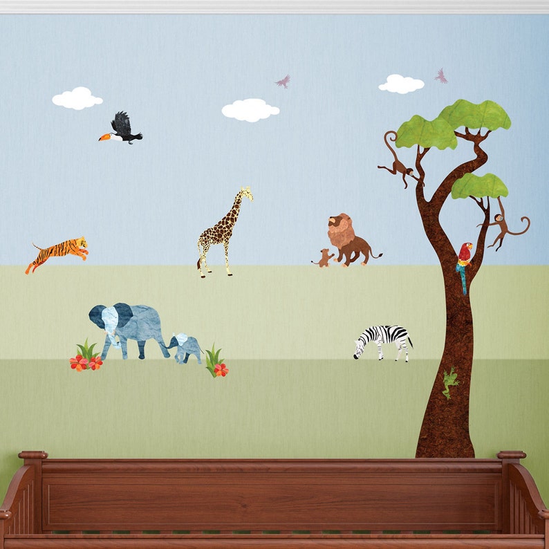 Jungle Safari Wall Decals – Peel & Stick Tree Sticker and Jungle Animal ...
