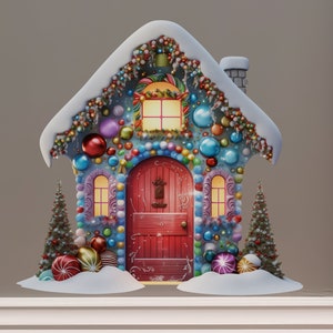 May include: A gingerbread house decorated with colorful candy, ornaments, and a red door. The house is covered in snow and has a snowy roof.