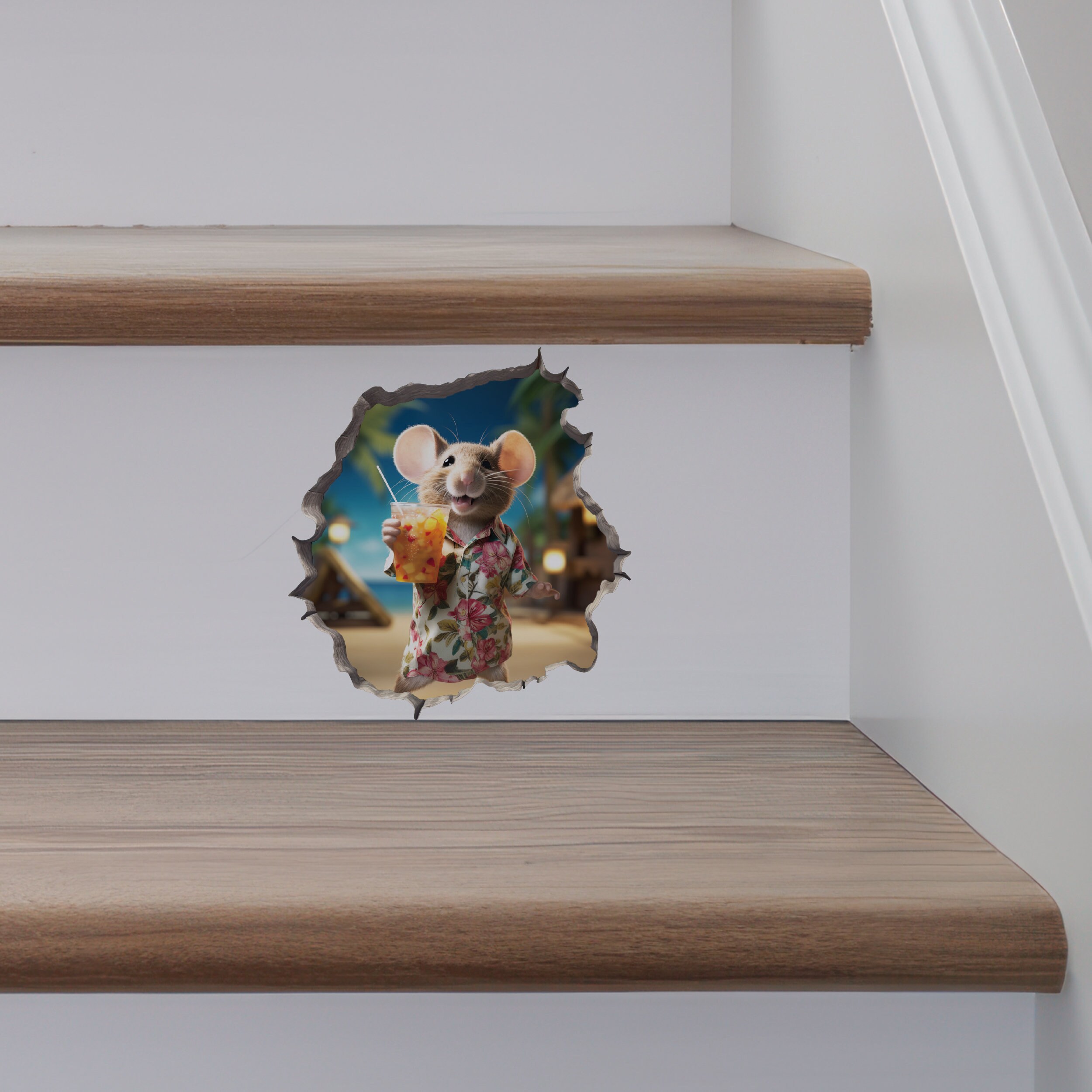 Tourist Mouse With Cocktail In Mouse Hole Decal - 3D Wall Sticker, 5x5 Inch Peel And Stick