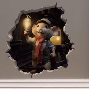 May include: A cartoon mouse wearing a red scarf and a cap holds a lantern and walks through a tunnel. The mouse is looking at the camera and smiling. The tunnel is dark and has a train track in the middle.
