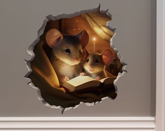 Parent and Child Mice Reading in Mouse Hole Decal - Mouse Hole 3D Wall Sticker