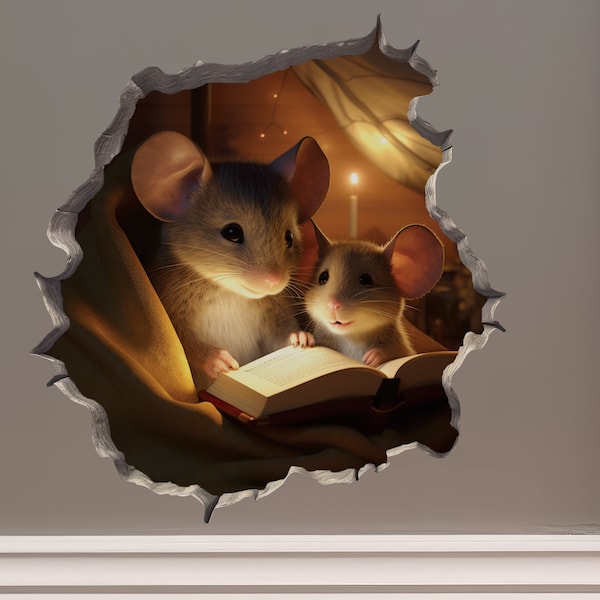 Parent et enfant souris lisant dans le décalque de trou de souris - autocollant mural 3D de trou de souris
