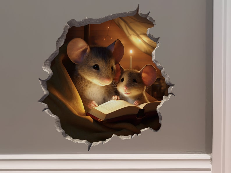Parent and Child Mice Reading in Mouse Hole Decal Mouse Hole 3D Wall Sticker image 1