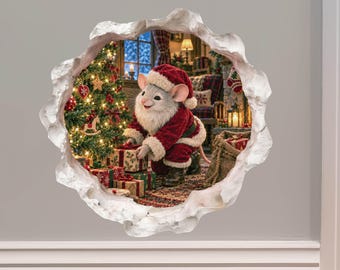 Santa's Christmas Eve Delivery Mouse Hole Wall Decal - 3D Effect, Surface Safe & Removable - Made in USA by Wallington Mice