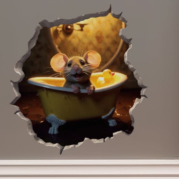 Mouse in Bathtub in Mouse Hole Decal - Mouse Hole 3D Wall Sticker