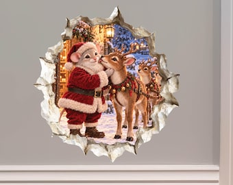 Santa's Christmas Reindeer Kiss Mouse Hole Wall Decal - 3D Effect, Surface Safe & Removable - Made in USA by Wallington Mice