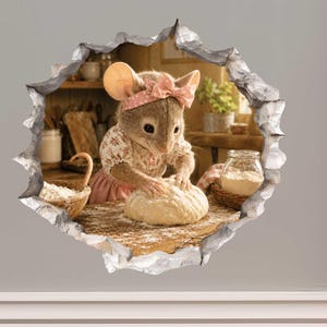 May include: A wall decal featuring a trompe l'oeil hole in the wall revealing a brown mouse wearing a pink headband with a bow and a floral dress, kneading a ball of dough on a wooden surface with flour, a glass jar, and a woven basket.