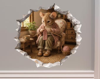 Knitting Knitter Mouse Hole Decal - 3D Effect, Surface Safe & Removable - Made in USA by Wallington Mice