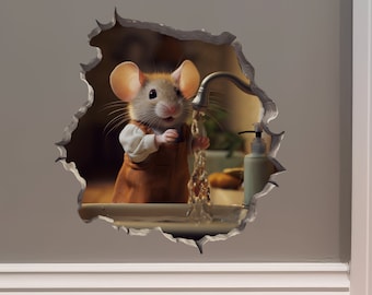 Hand Washing Mouse in Mouse Hole Decal - Mouse Hole 3D Wall Sticker