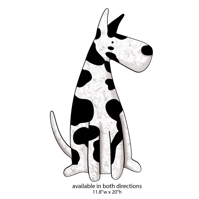 May include: Black and white illustration of a cartoon Dalmatian dog sitting with its ears perked up. The dog is 11.8 inches wide and 20 inches tall. Available in both directions.