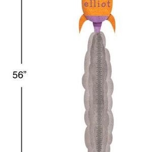 May include: A purple and orange rocket-shaped growth chart with the name "elliot" on it. The chart measures 56 inches tall.