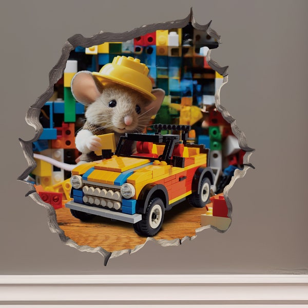 Building Block Mouse in Mouse Hole Decal - Mouse Hole 3D Wall Sticker