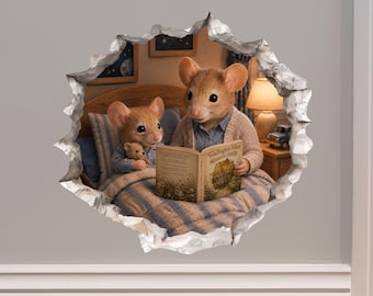 Grandson and Grandma Reading Mouse Hole Decal - 3D Effect, Surface Safe & Removable - Made in USA by Wallington Mice