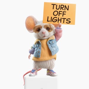 Puede incluir: Un ratón blanco con gafas de sol, un suéter amarillo y una chaqueta vaquera azul sostiene un cartel que dice "TURN OFF LIGHTS".