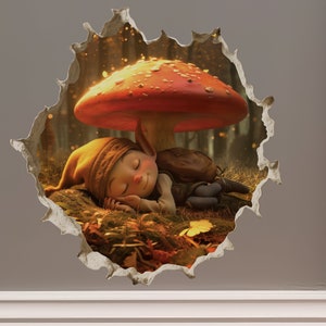 May include: A small, cartoon-like gnome sleeps under a large, red mushroom in a forest setting. The gnome is wearing a brown hat and a brown and green outfit. The mushroom is surrounded by green leaves and brown branches.