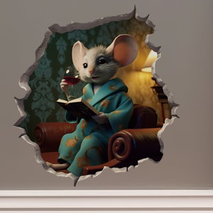 Wein und Book Me Time Maus im Mausloch Aufkleber - Mausloch 3D Wandaufkleber