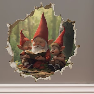 Parent and Child Gnome Reading - Wall Hole 3D Wall Sticker