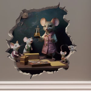 Female Teacher Mouse in Mouse Hole Decal - Mouse Hole 3D Wall Sticker