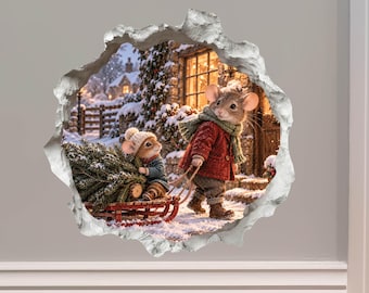 Christmas Tree Sled Mouse Hole Decal - 3D Effect, Surface Safe & Removable - Made in USA by Wallington Mice
