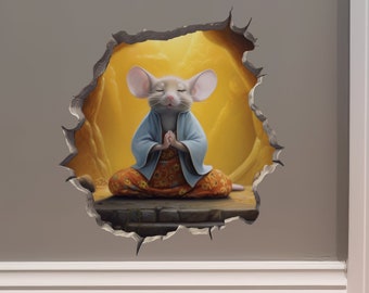 Meditating Yoga Mouse  in Mouse Hole Decal - Mouse Hole 3D Wall Sticker