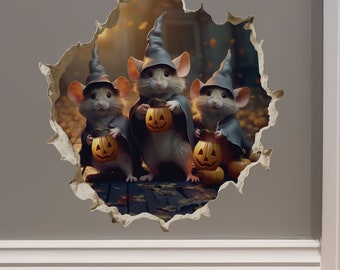 Trick or Treat Witch Mice in Mouse Hole Decal - Mouse Hole 3D Wall Sticker