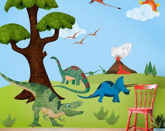 May include: A colorful wall mural featuring dinosaurs, a volcano, and a tree. The mural is perfect for a child's room and features a green T-Rex, a blue Triceratops, and a brown Brontosaurus.
