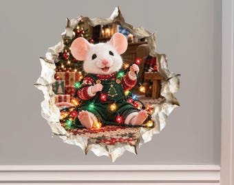 Tangled in Christmas Lights Mouse Hole Decal - 3D Effect, Surface Safe & Removable - Made in USA by Wallington Mice