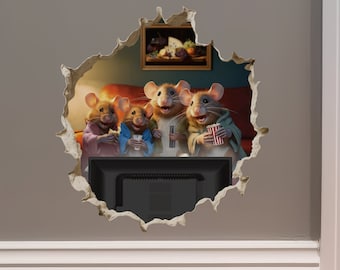 Mouse Family Watching TV in Mouse Hole Decal - Mouse Hole 3D Wall Sticker