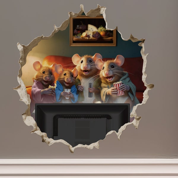 Mouse Family Watching TV in Mouse Hole Decal - Mouse Hole 3D Wall Sticker