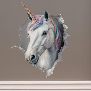 Könnte beinhalten: Ein weißer Einhornkopf mit einer Regenbogenmähne und einem Horn schaut aus einer zerrissenen Wand. Das Auge des Einhorns ist sichtbar und der Hintergrund ist eine hellgraue Wand.
