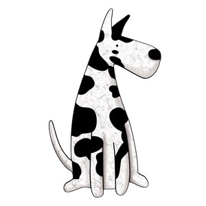 May include: A black and white cartoon illustration of a Dalmatian dog sitting with its ears perked up.