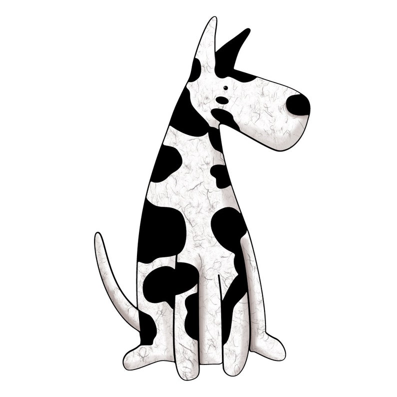 May include: A black and white cartoon illustration of a Dalmatian dog sitting with its ears perked up.