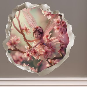May include: A pink and white fairy with wings and a flower crown is flying through a field of pink flowers. The fairy is wearing a pink dress and has long blonde hair.
