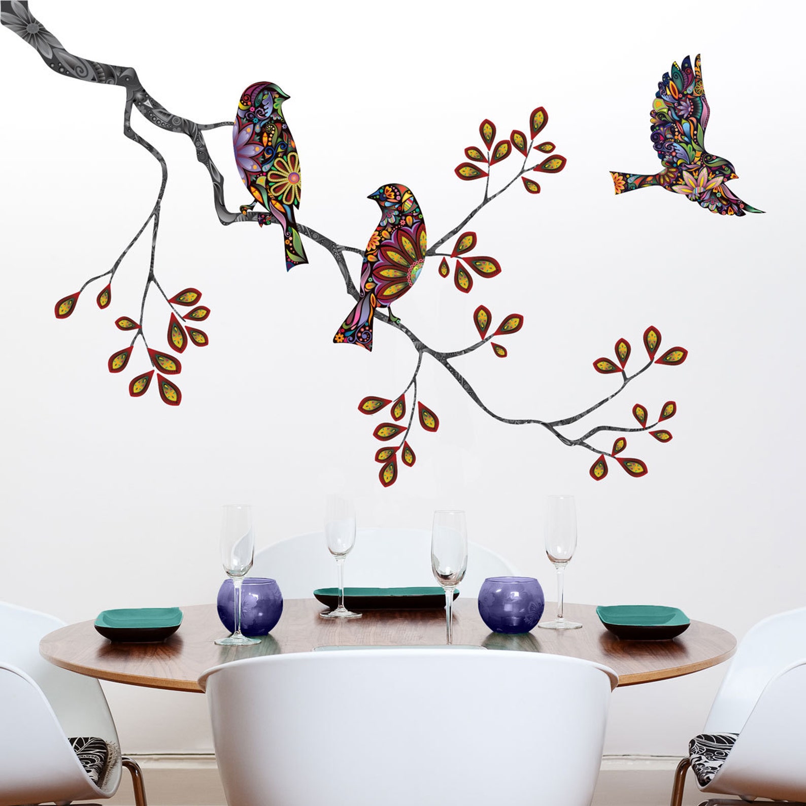 Tree Branch Decal and Bird Wall Decals in Colorful Mosaic | Etsy