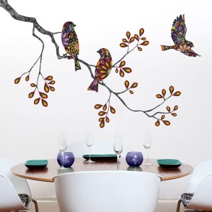 Tree Branch Decal and Bird Wall Decals in Colorful Mosaic Pattern