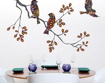 Tree Branch Decal and Bird Wall Decals in Colorful Mosaic Pattern