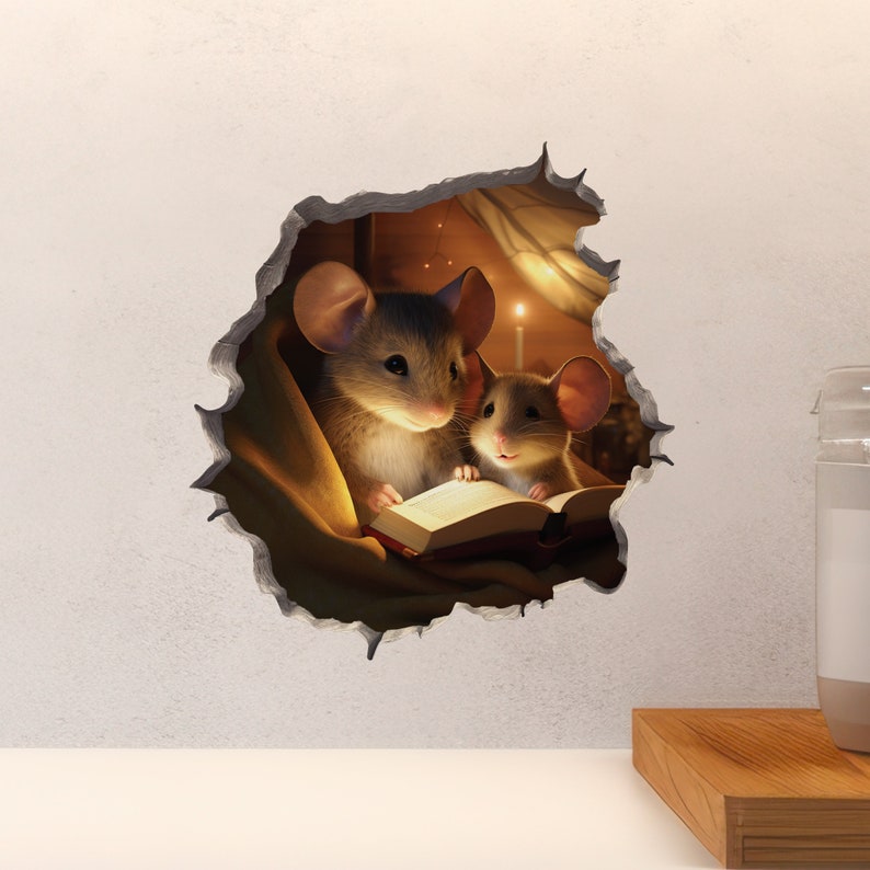 Parent and Child Mice Reading in Mouse Hole Decal Mouse Hole 3D Wall Sticker image 5