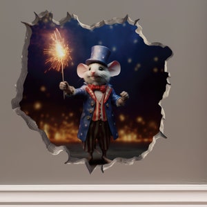 May include: A white mouse wearing a blue and red patriotic costume holds a sparkler in a cracked wall background.