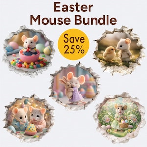 May include: An Easter-themed bundle featuring adorable mouse illustrations. The image includes mice with Easter eggs, a chick, and a bunny. The text "Easter Mouse Bundle" and "Save 25%" are also visible.