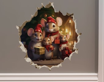 Christmas Family Mice in Mouse Hole Decal - Mouse Hole 3D Wall Sticker