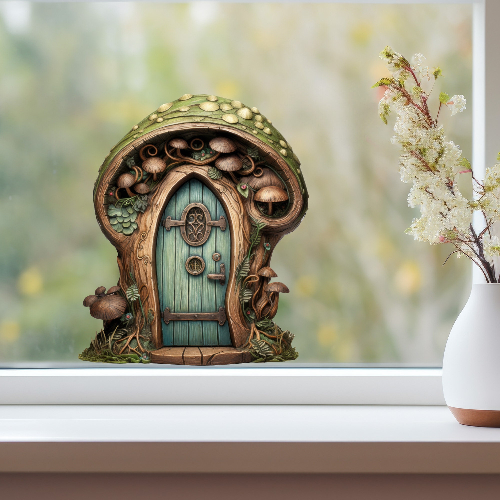 Flowers & Mushrooms Fairy Door - 3D Wall Sticker Decal (5" X 5") For Indoor & Outdoor Magic
