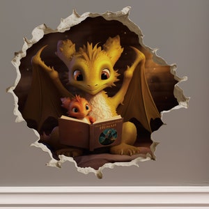 Dragon Parent and Child Reading in Wall Hole Decal - Mouse Hole 3D Wall Sticker