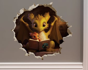 Dragon Parent and Child Reading in Wall Hole Decal - Mouse Hole 3D Wall Sticker