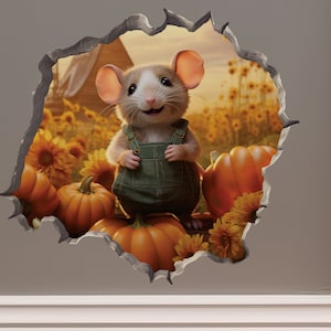 May include: A cute cartoon mouse wearing overalls stands in a field of sunflowers and pumpkins. The image is a 3D effect, appearing as if the mouse is popping out of the wall.